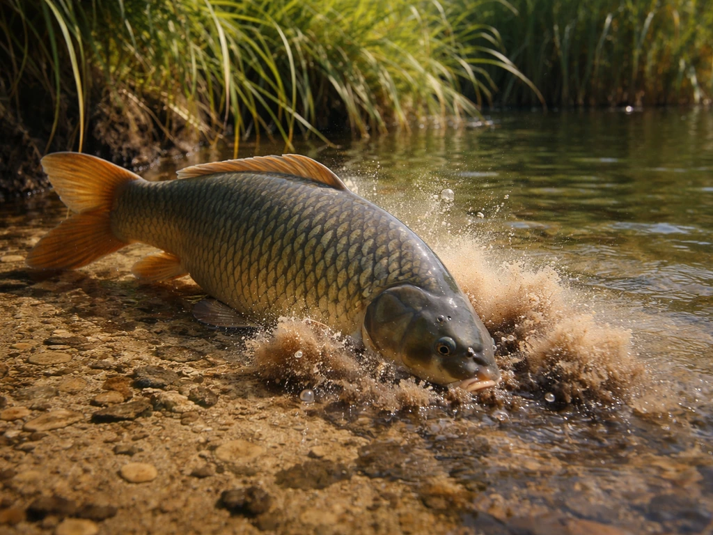 Karpers woelen met de bodem aan de oever van een grasland, modder en spatjes in ondiep water.