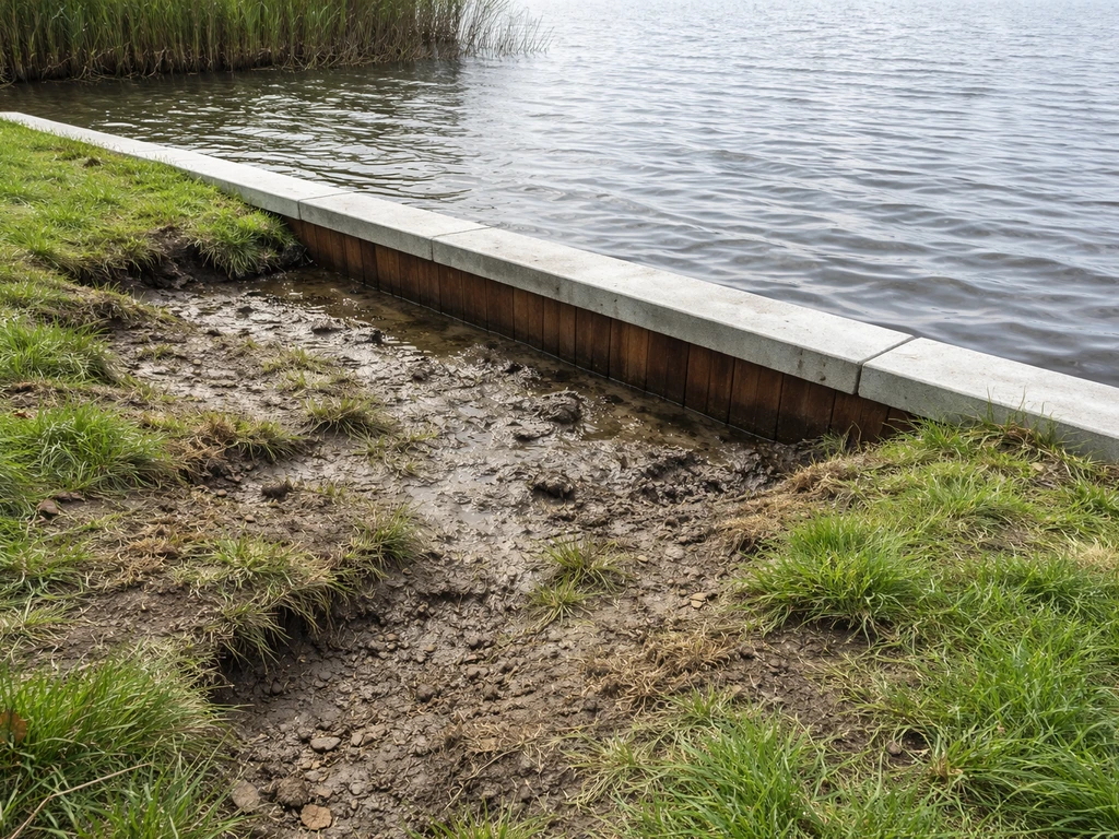 Rustige waterkant met vaste oeverbeschoeiing en een open herstelzone waar het gras weer moet dichtgroeien.
