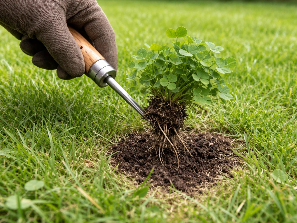 Iemand trekt met een smalle onkruidsteker een klaverplant met wortel uit een gazon zonder de graszoden te scheuren.