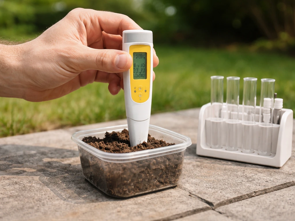 Hand meet de pH van gazonbodem in een transparant bakje met een kleine pH-meter in de tuin.