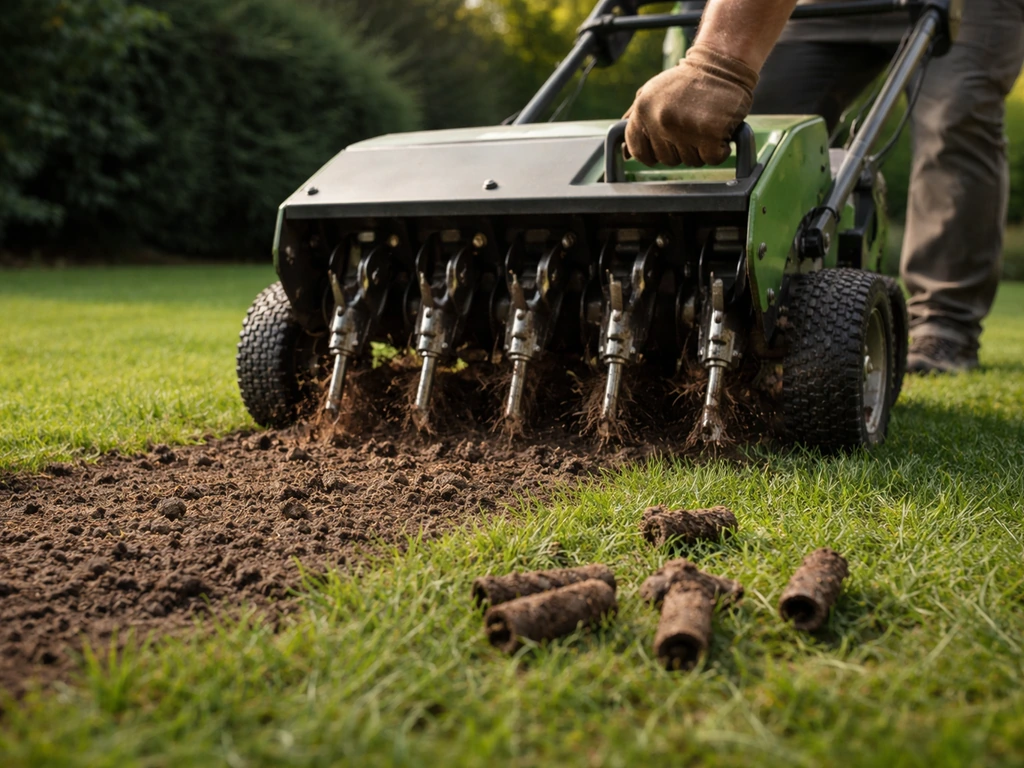 Gazon wordt belucht: holle-tand-aerator haalt bodemkernen, met verse aarde-kernen zichtbaar op het gras.
