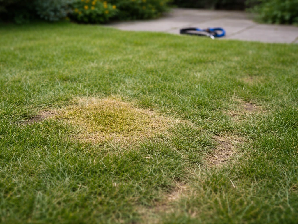 Nederlands gazon met gele urineplek en trapsporen, met hondenriem op de achtergrond.