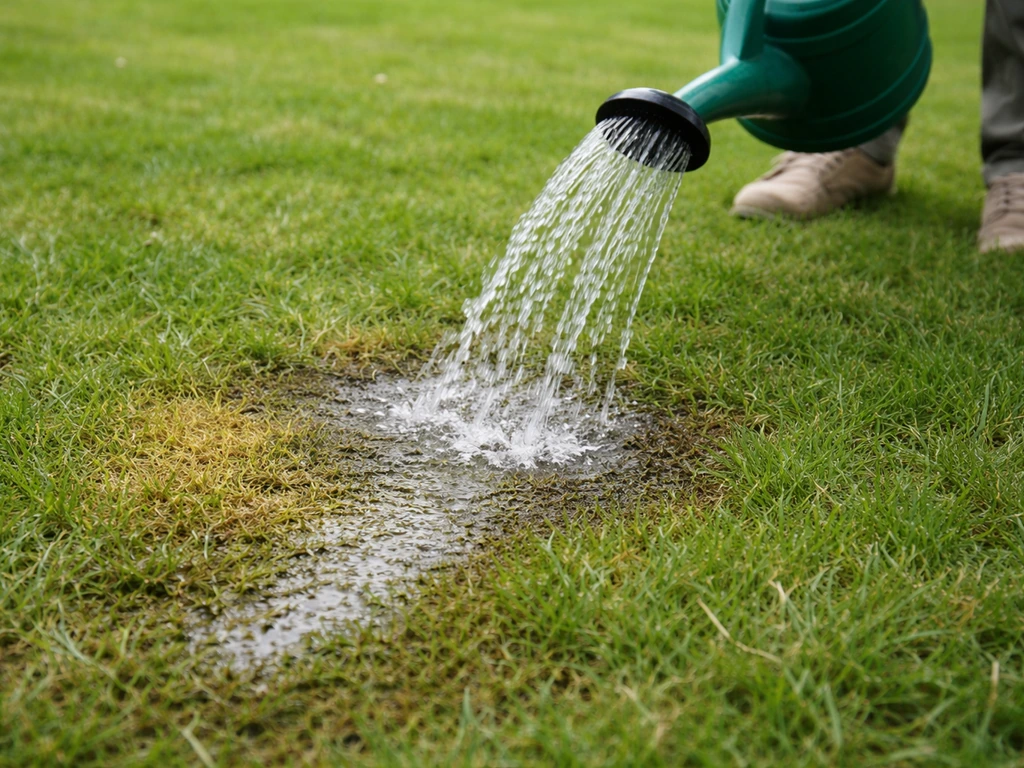 Close-up van water dat een urineplek op het gras doorspoelt met gieter of tuinslang