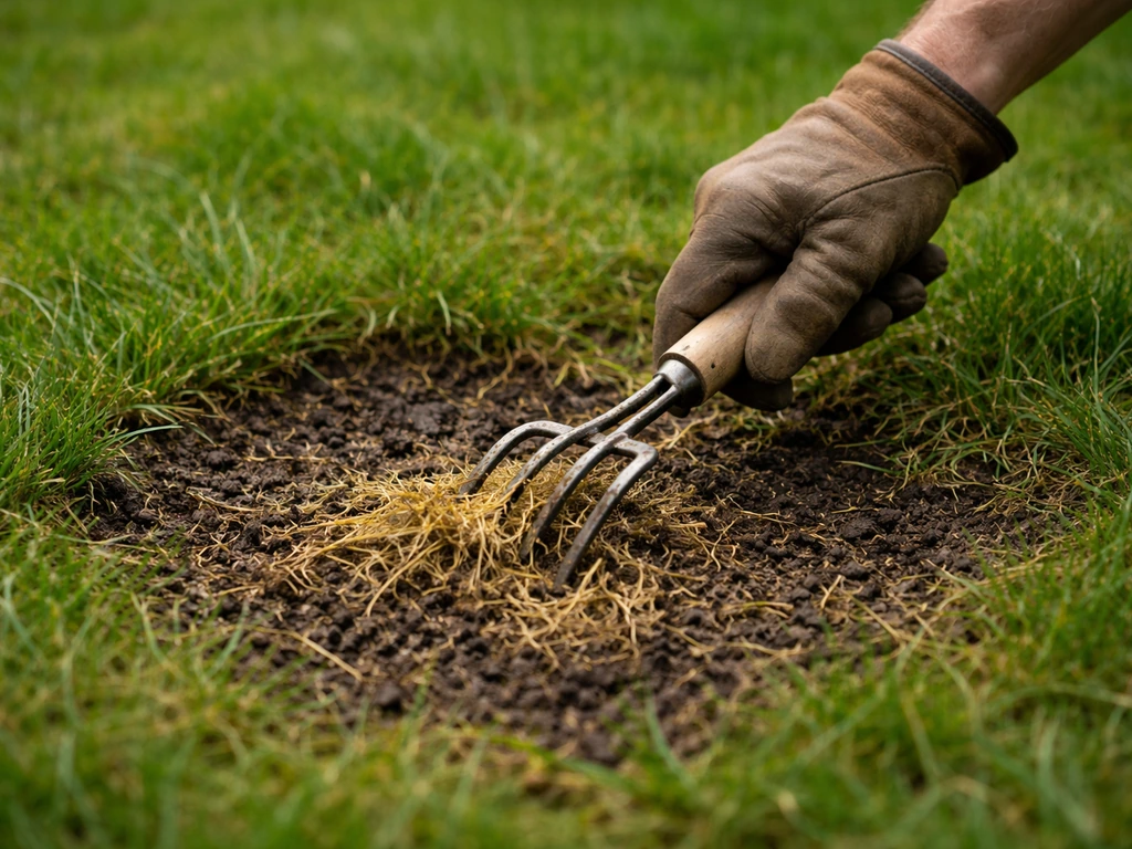 Close-up van een hark die gele, dode grassprieten uit een beschadigde plek in het gazon verwijdert.