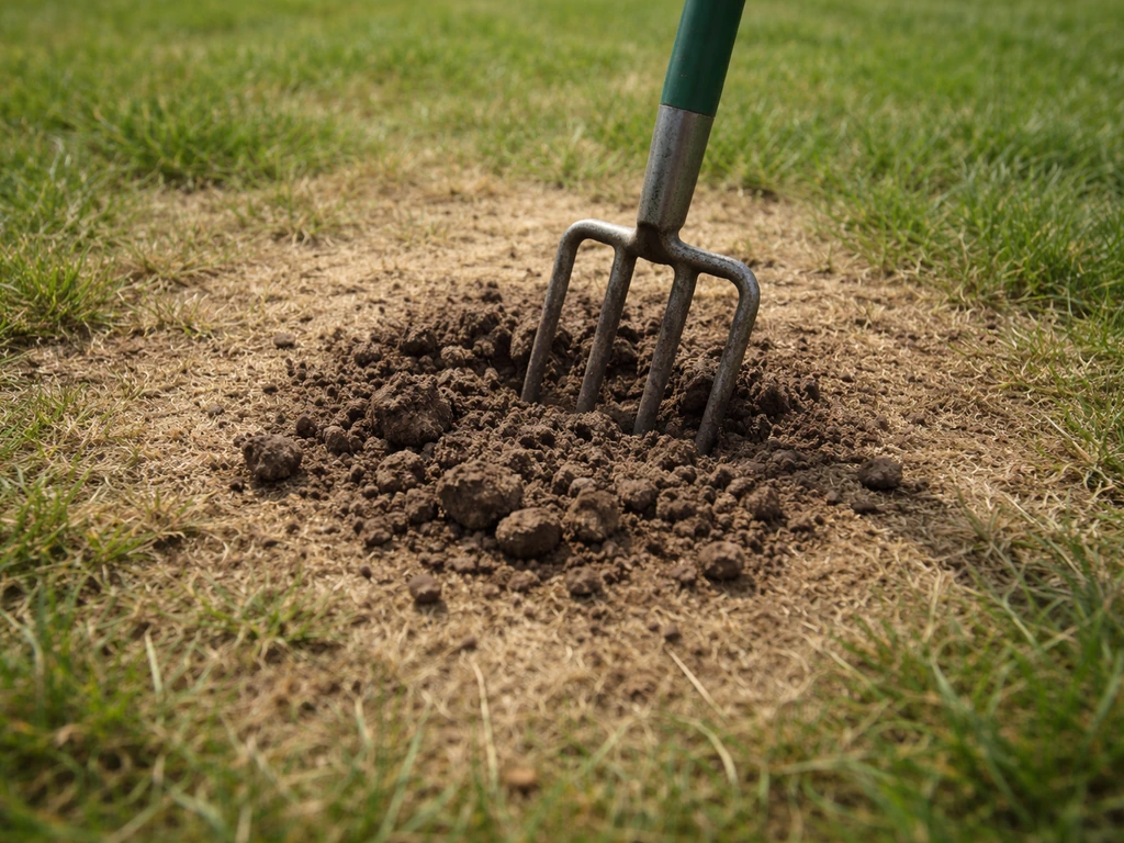 Een tuinvork prikt de bodem los in een kaal stukje gazon, met losse grond in het midden.