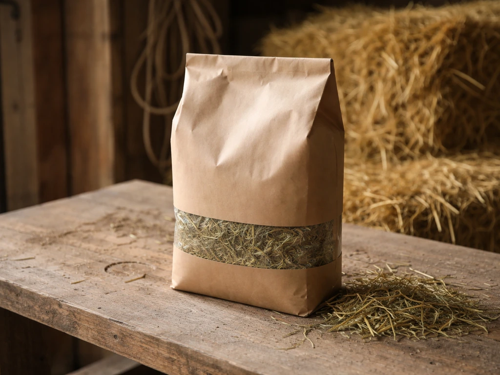 Een verpakking met gedroogd grasmengsel voor paarden en wat losse grasvlokken op een houten werkbank.