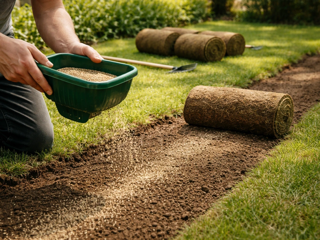 Handen strooien graszaad op voorbereide grond en rollen het licht aan voor een gazon in het voorjaar.