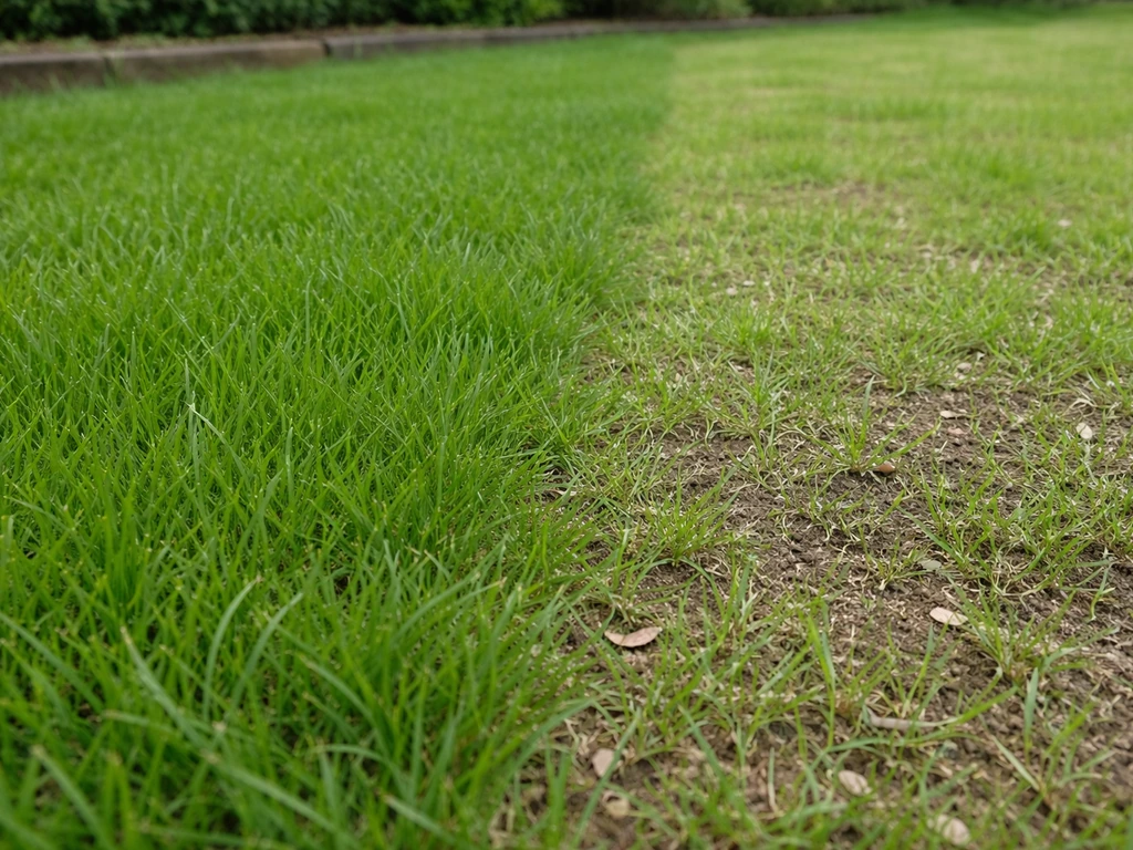 Zelfde gazon met links dicht opkomend gras (10–14 dagen) en rechts nog dunne plekken na zaaien