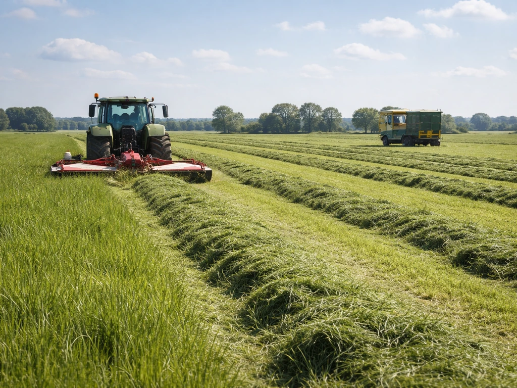 Nederlandse grasweide tijdens het oogsten: maaibalk maakt zwaden, op de achtergrond een kuilwagen.