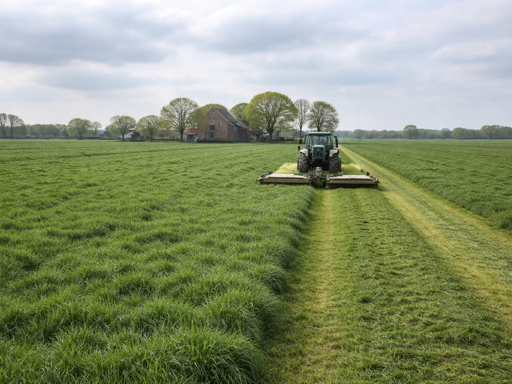 Groen voorjaarsgrasland met een maaier die het rijpe maaigras voor de eerste snede maait.