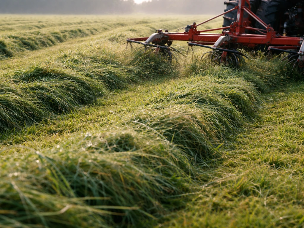 Close-up van dauw op gemaaid gras in zwaden, terwijl het met een schudder wordt gekeerd.