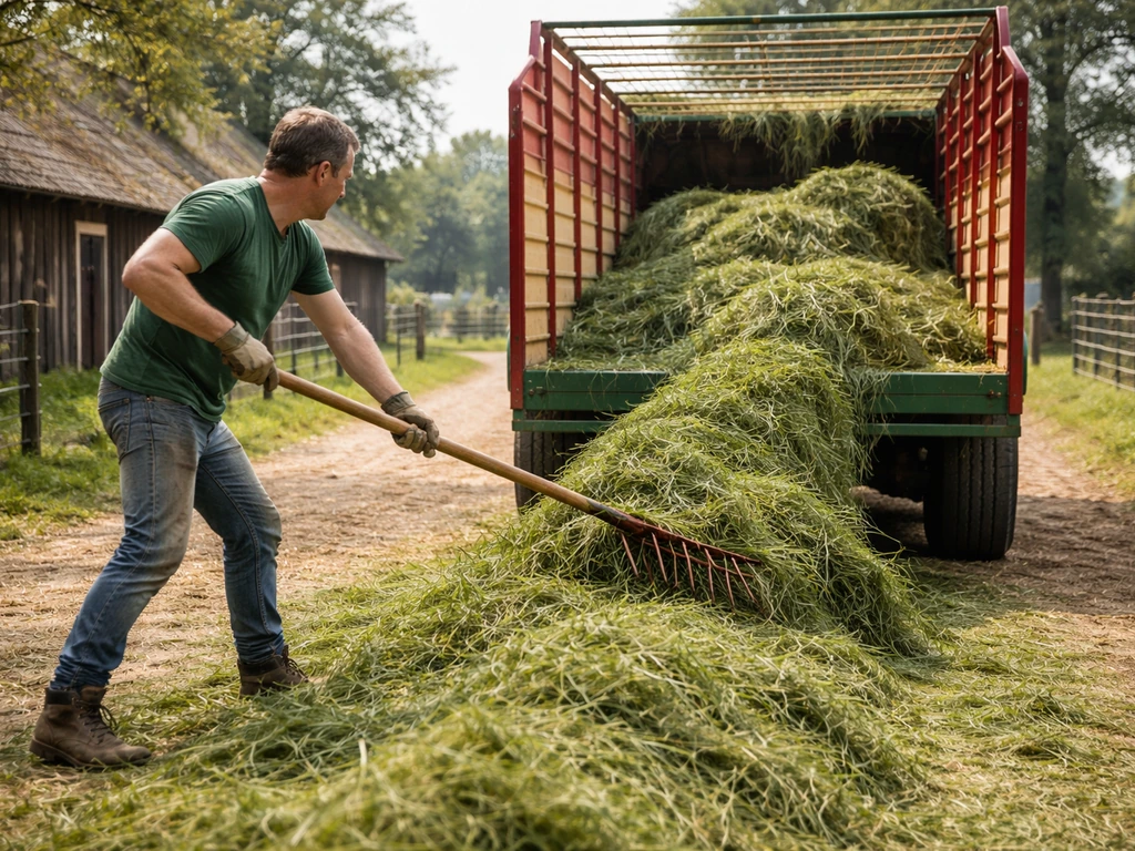 Werkhandschoenen en hooihark die vers gras laden op een opraapwagen richting inkuilen op het erf.