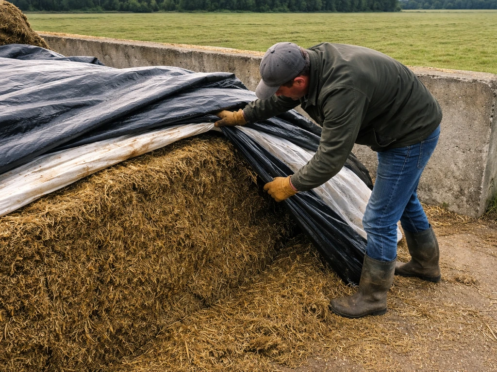 Boer controleert visueel de graskuilrand door een kuil te openen, met uitzicht op ingekuild voer en structuur