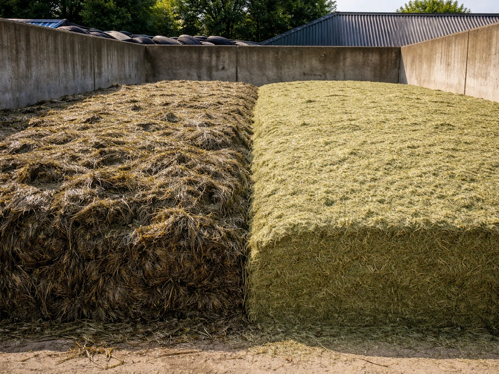 Vergelijking van kuilvoer: links donker en klam (te nat), rechts beter ingekuild en compact.