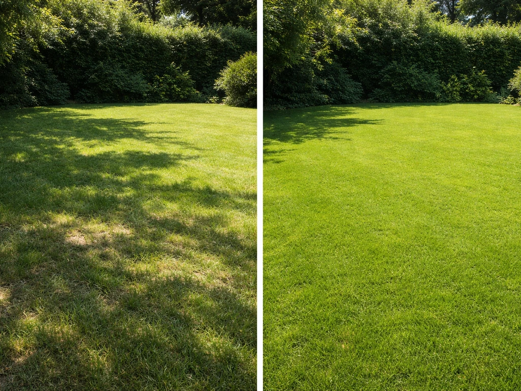 Links gazon in duidelijke schaduw, rechts gazon in volle zon met gelijkmatig groene groei.