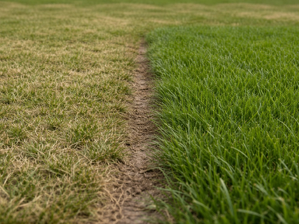 Twee stroken gemaaid gras naast elkaar: links te laag, rechts op de juiste maaihoogte met voller blad.