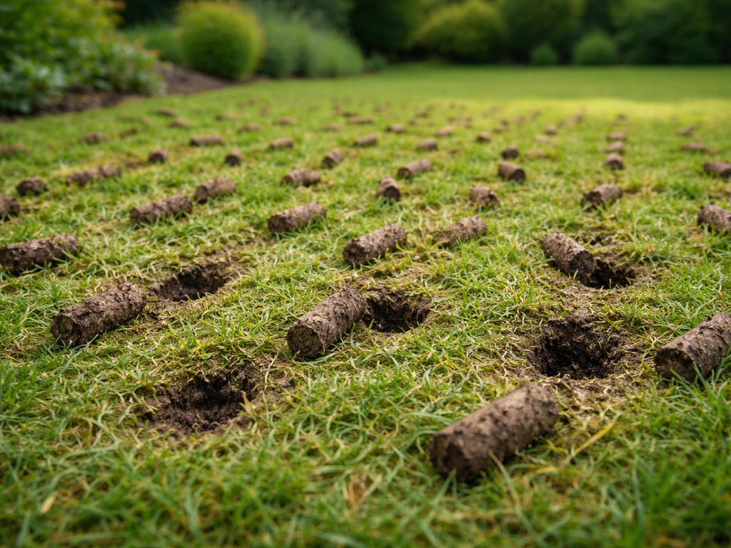 Gazonstrook met zichtbare grondkernen na beluchten/doorprikken in een rustige tuin.