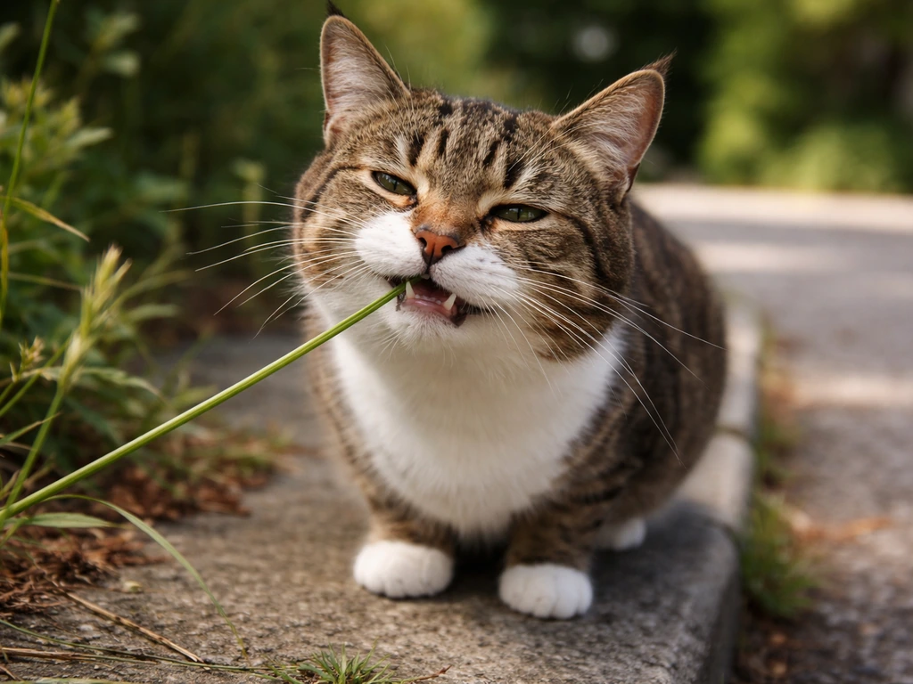 Een kat knabbelt aan een grasspriet op een stoep met groen in de achtergrond.