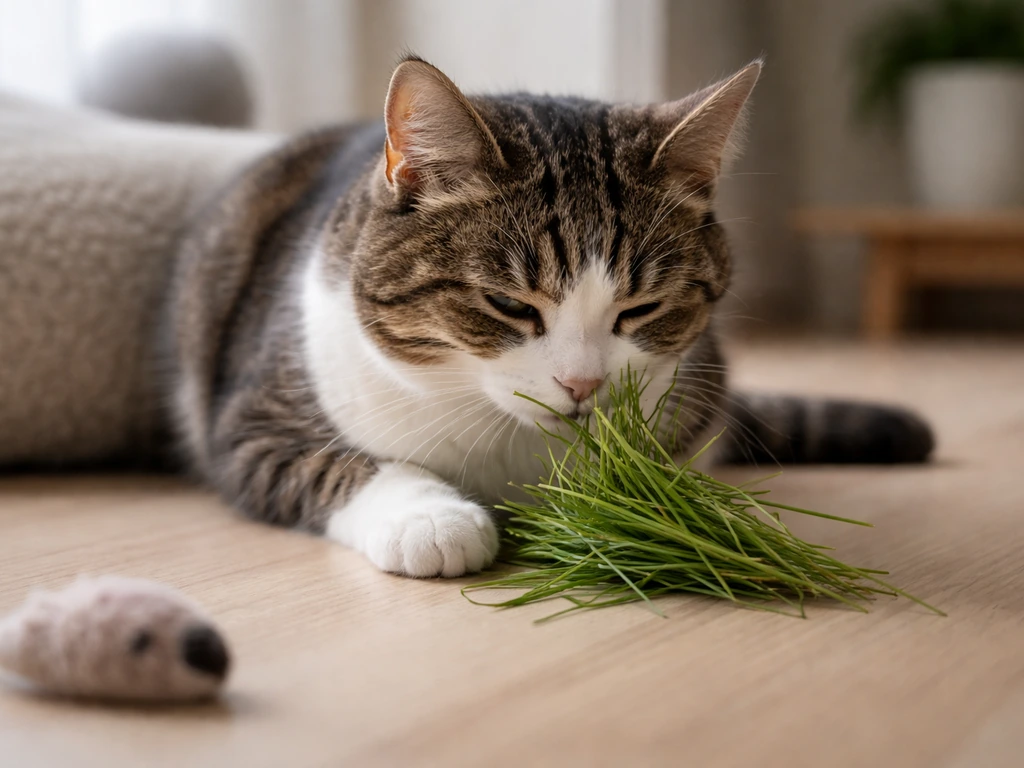 Binnenkat close-up met kattengras en eenvoudig verrijkingsspeelgoed op de vloer, zacht en rustig.