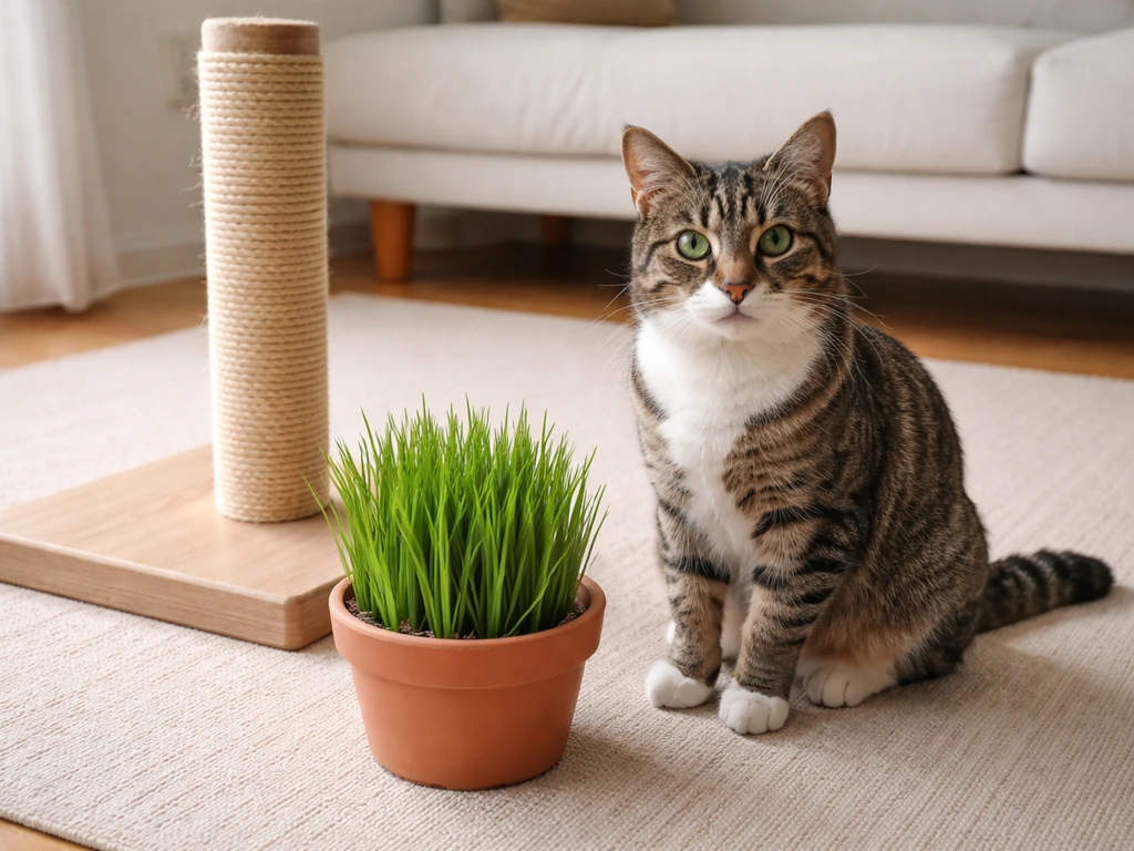 Kat knabbelt aan vers kattengras in een pot naast een krabpaal in een rustige woonkamer.