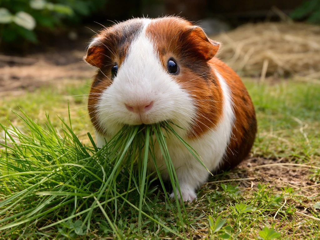 Cavia die vers, onbehandeld gras eet in een groene tuin, met hooi op de achtergrond.