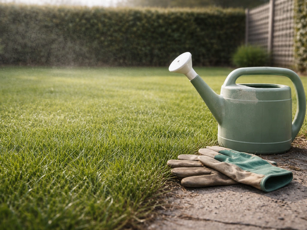 Tuin met verzorgd gras waarop een gieter en tuinhandschoenen liggen, met waas van tuinsubstantie in de lucht