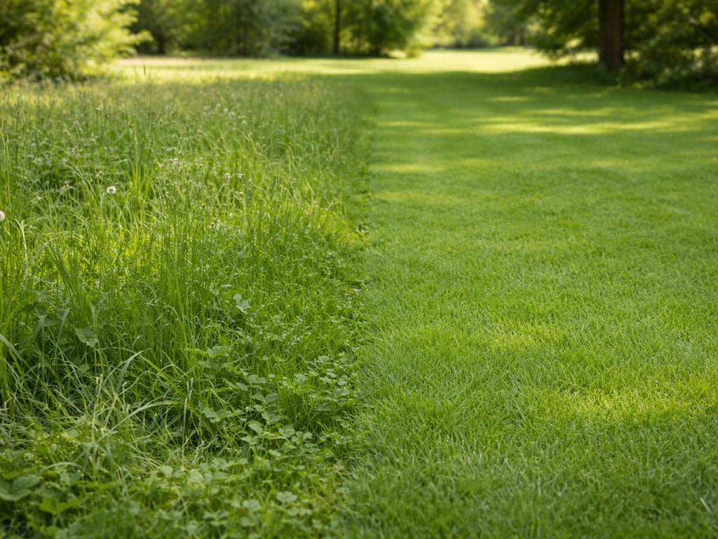 Natuurlijk grasveld naast strak, bijgehouden gazon, duidelijk verschil tussen grass en lawn.