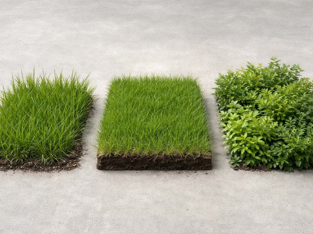 Vergelijking van drie soorten groen: los groeiend gras, een voorgekweekte grasmat en algemene beplanting in één beeld.