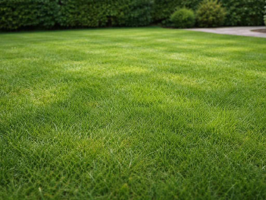 Gezond, dicht en rijk groen gazon in een Nederlandse tuin met subtiele herstelde zones.