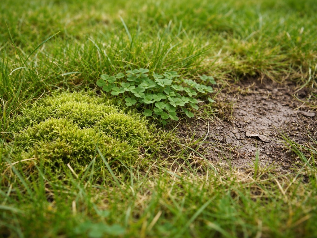 Close-up van gazonproblemen: mos tussen gras, klaverplekje en verdunning/kale plekken met zichtbare grond.