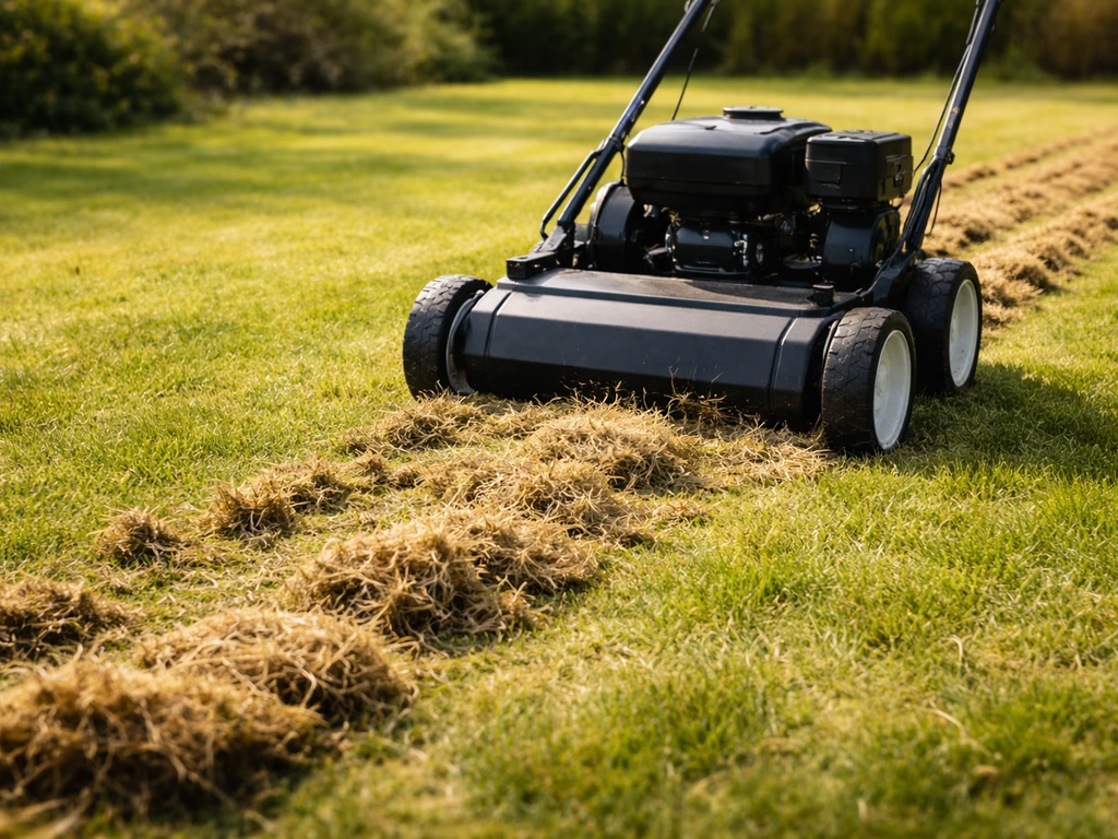 Verticuteermachine die vilt uit het gazon los snijdt, met zichtbare verdichting op het gras.