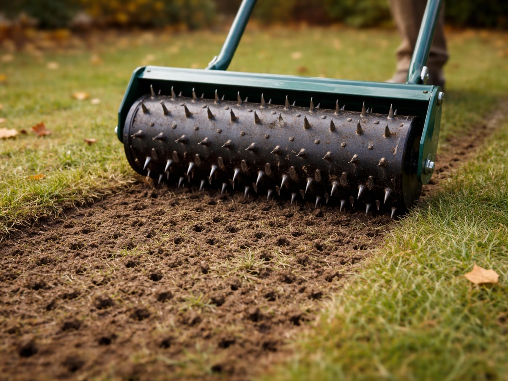 Prikroller maakt gaatjes in een duidelijk belopen gazonstrook, met herfstige tuin en natuurlijk licht