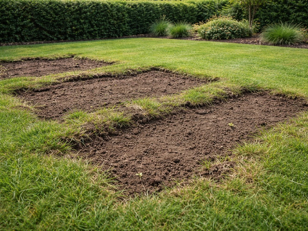 Tuin met kale, afgekrabde stroken waar dode pluis en vilt is verwijderd, klaar voor verbetering en doorzaaien