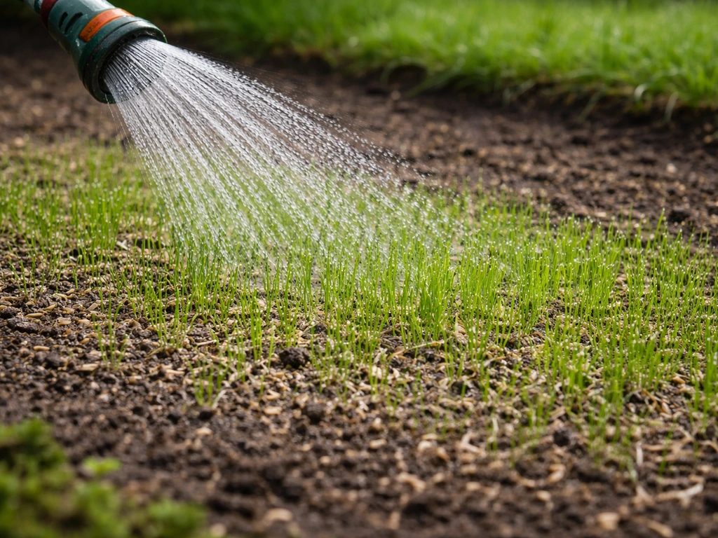 Jonge grasstrook met kiemplantjes en een fijne waterstraal van een tuinslang op een tuin na herstel.
