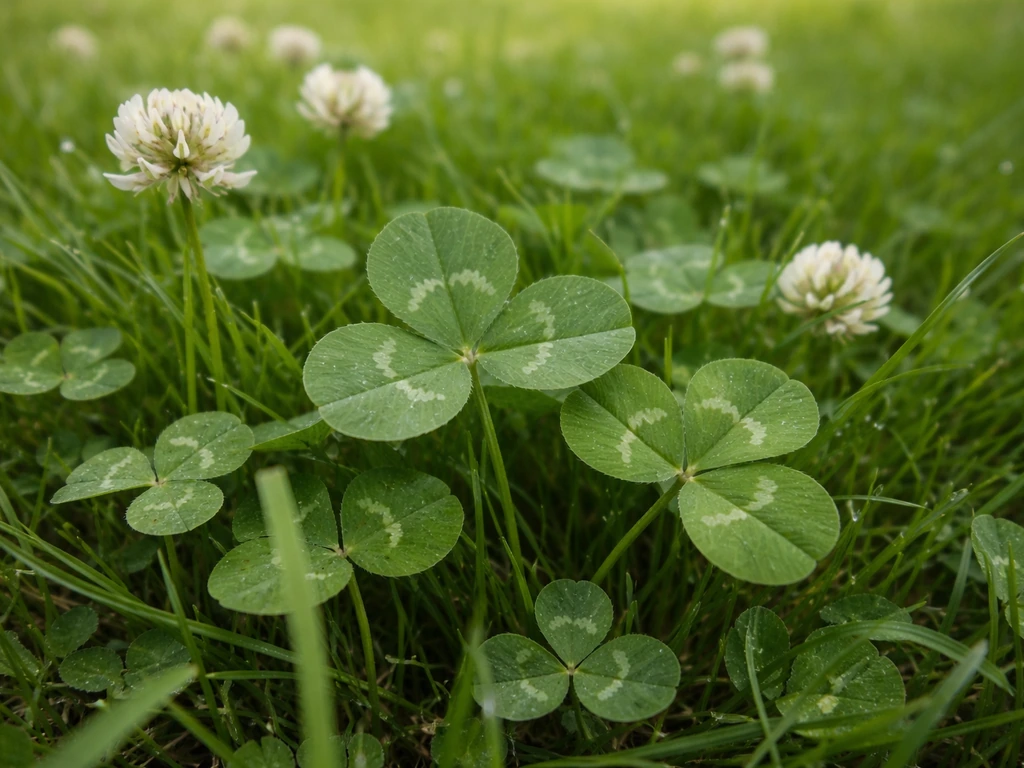 Close-up van witte klaverbladeren met lichte vlekken tussen groen gras in een gazon.