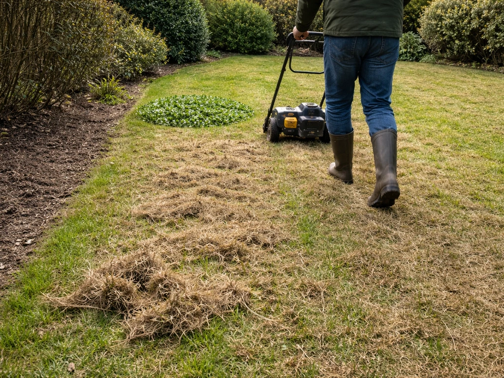 Tuinier die in het voorjaar een gazon verticuteert, met losgekomen vilt en klaverplek op de achtergrond.