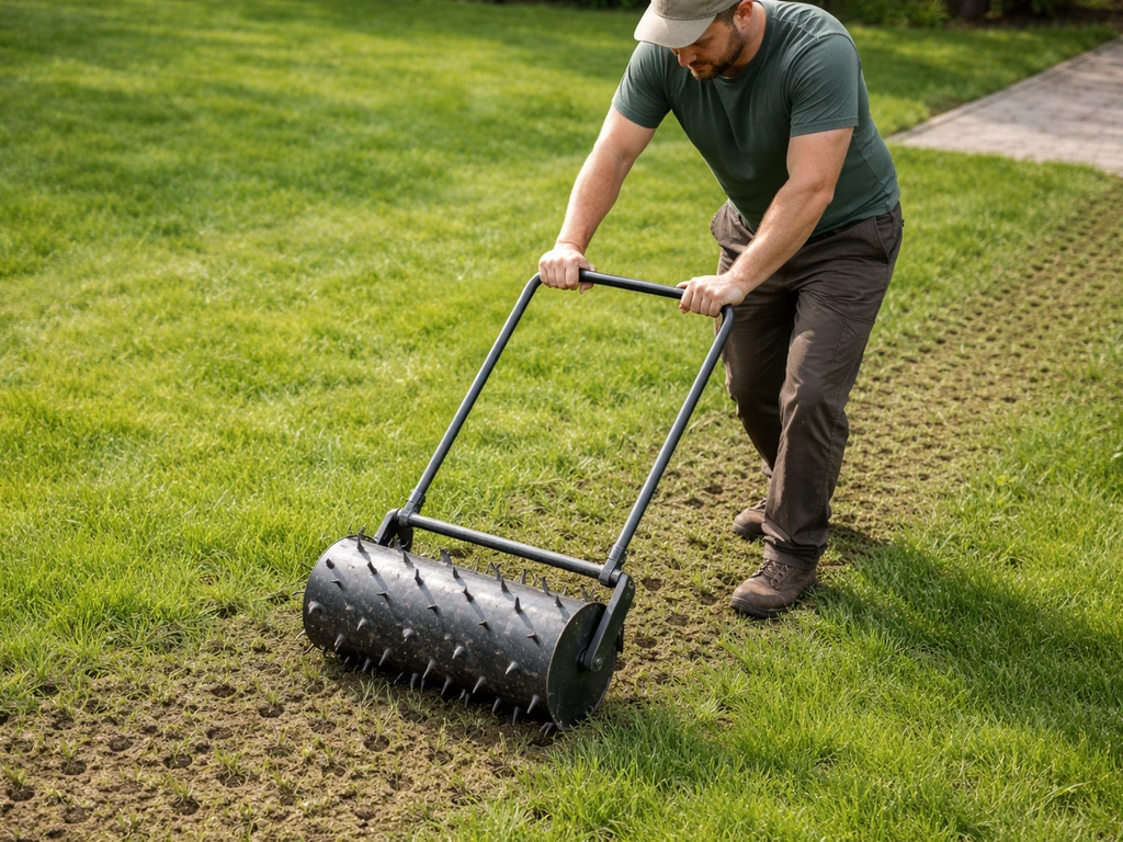 Tuinman belucht een gazon met prikroller; bodemgaten zichtbaar en gras wordt luchtiger
