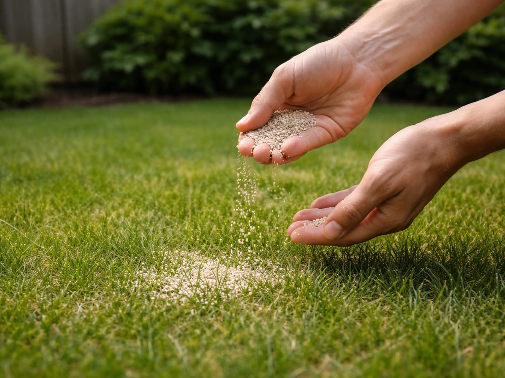 Hand die diervriendelijke geurverjager/werend middel op het gazon aanbrengt in een rustige tuin.