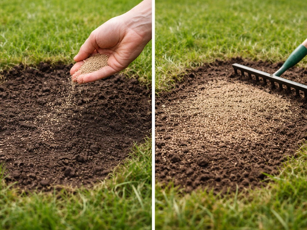 Kale plek in het gazon wordt ingezaaid en geëgaliseerd met graszaad en lichte teelaarde.