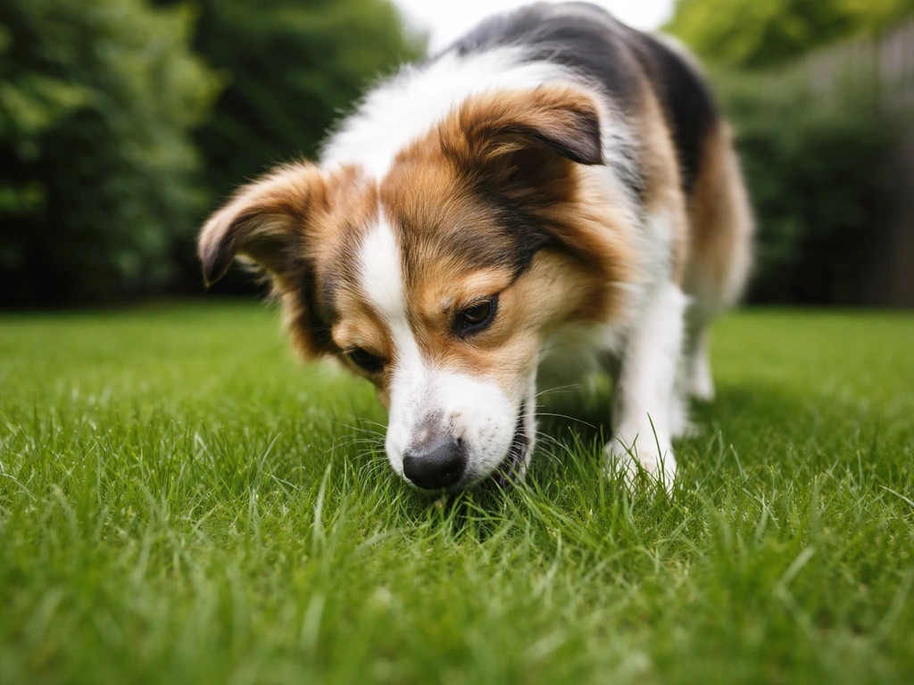 Een hond knabbelt aan groen vers gras op een rustige Nederlandse tuin.
