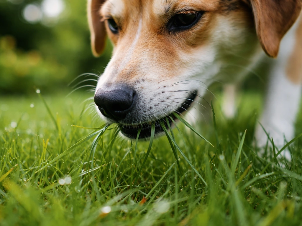 Close-up van een hond die gras knabbelt in een rustige tuin met groen en dauw op het gras.
