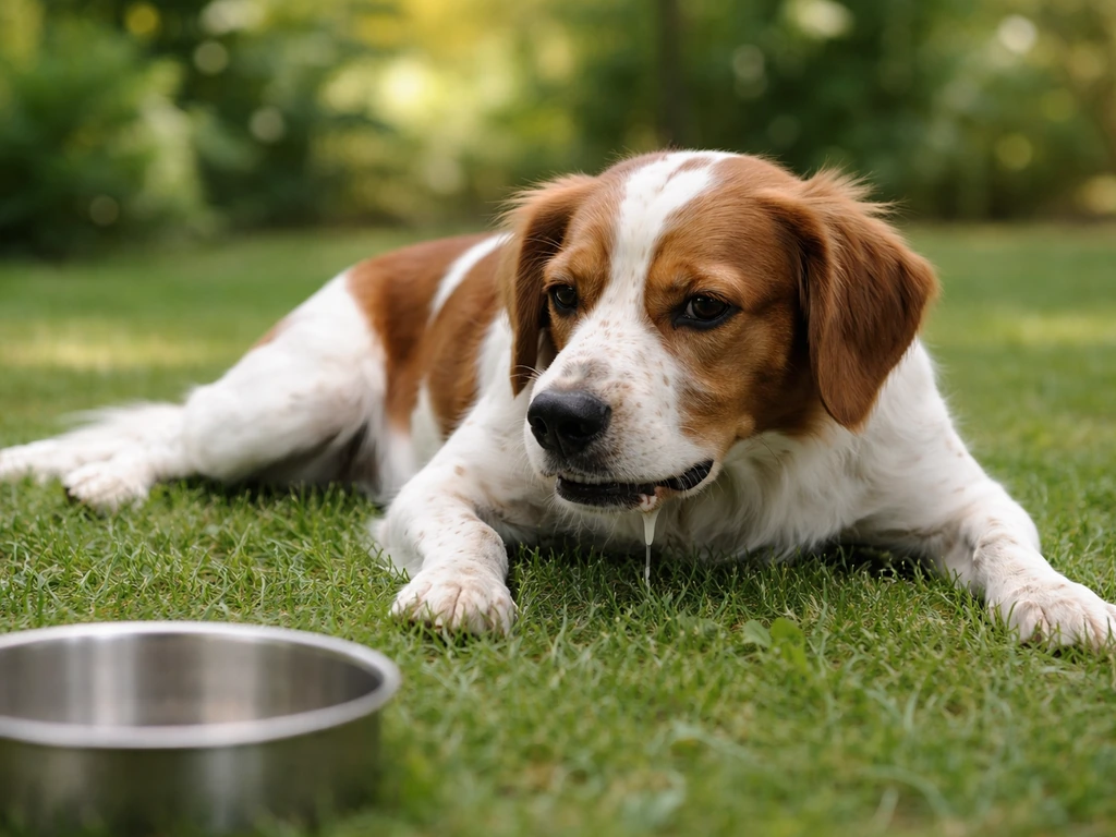 Hond die op gras ligt en kwijlt, met oncomfortabele uitstraling na gras eten