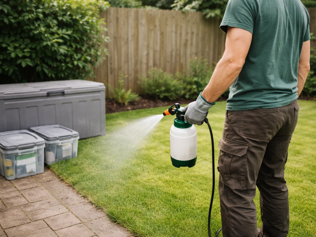 Tuinman met handschoenen bij een gazon met tuinsproeier en afgesloten opslag van middelen