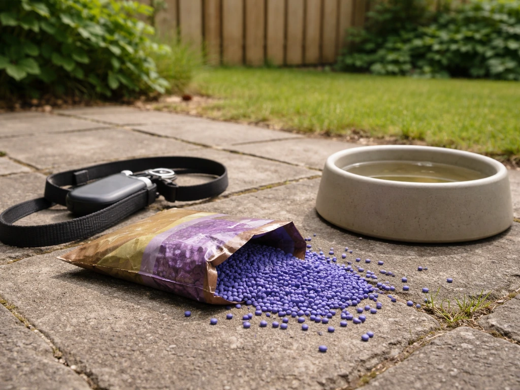Scherpe close-up van slakkenkorrels op de grond in een tuin, naast hond-gerelateerde spullen, zonder hond zichtbaar.