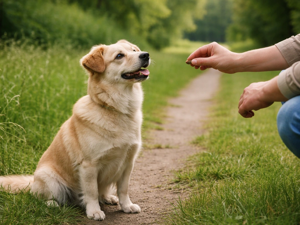 Hond loopt naast de eigenaar in het park en negeert gras, met een kleine beloning in de hand