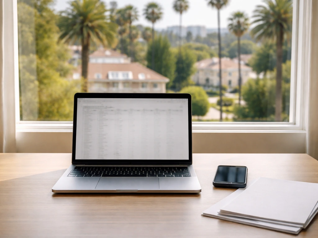 Minimal desk with plain documents and a blurred finance laptop, with upscale Beverly Hills view outside.
