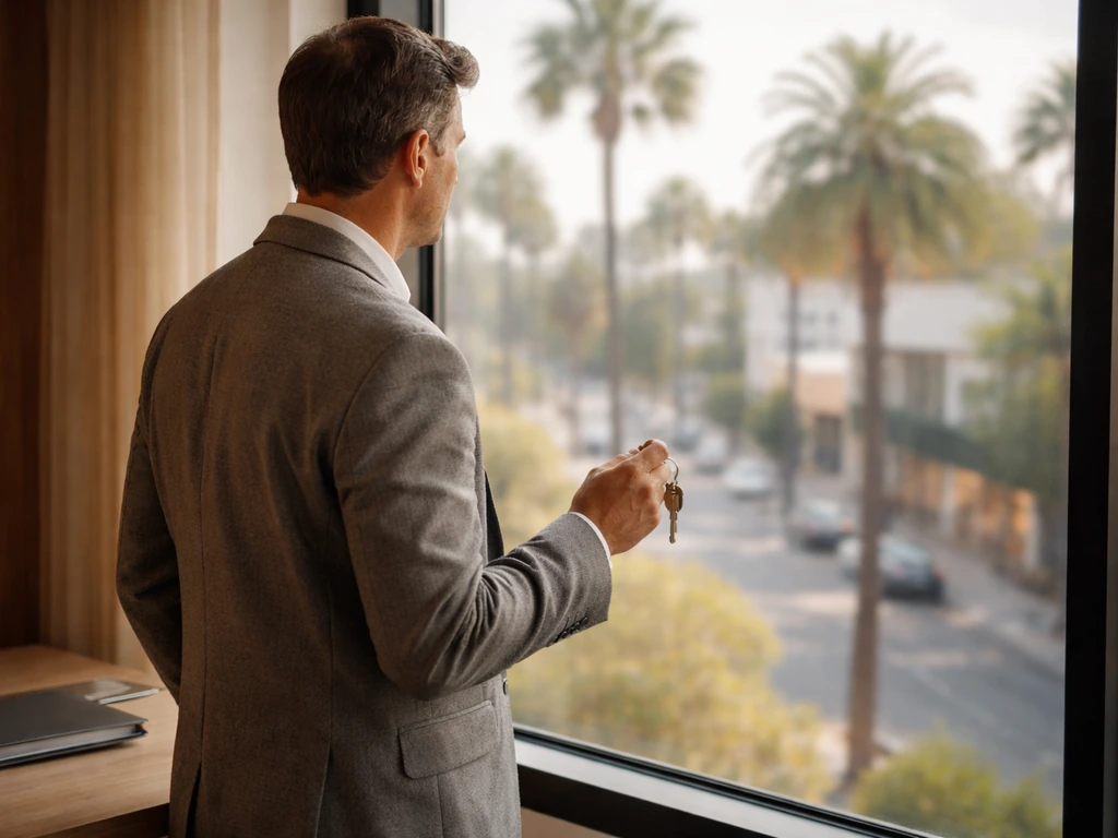 Non-identifying man holding keys by a window with blurred upscale Beverly Hills scenery outside.