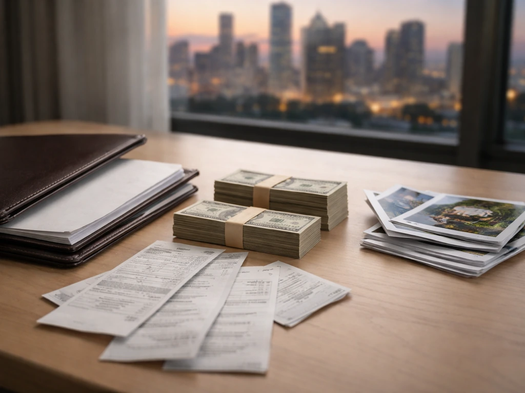Minimal desk scene with an anonymous open folder, scattered receipts, and a blurred city skyline suggesting net-worth es