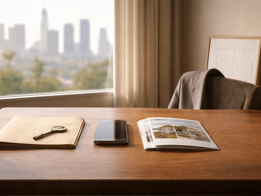 Minimal desk scene with dated property items transitioning to modern business objects, symbolizing wealth change over ti