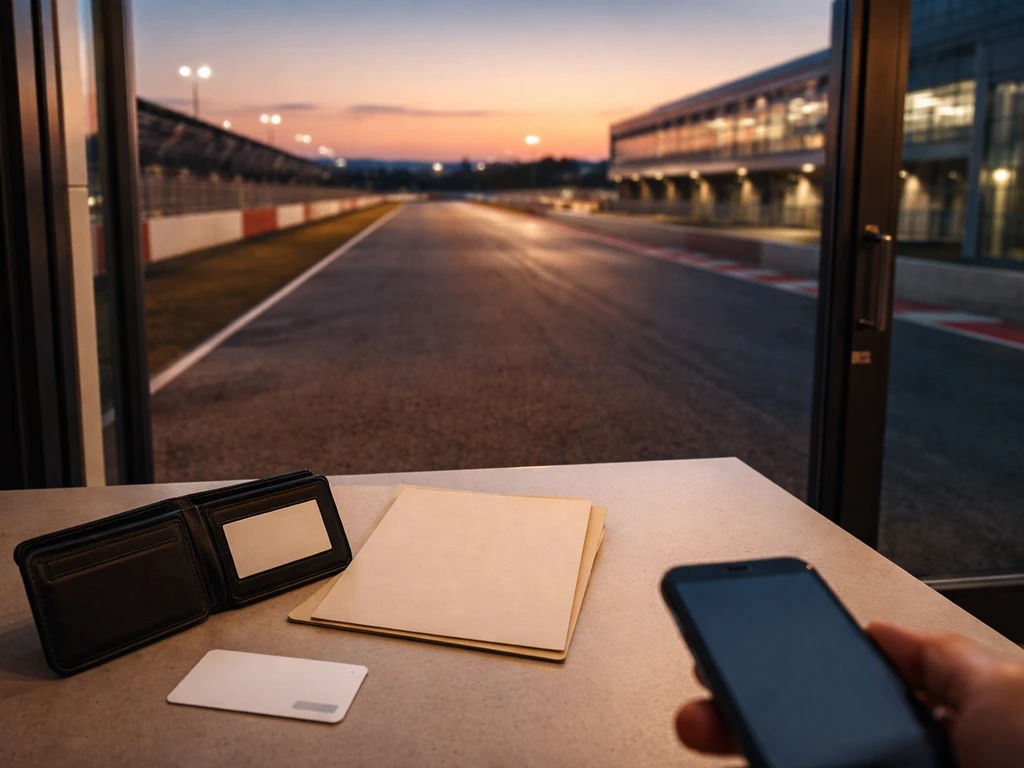 Dusk motorsport track beside a sleek business office entrance, symbolic verification vibe, no people.